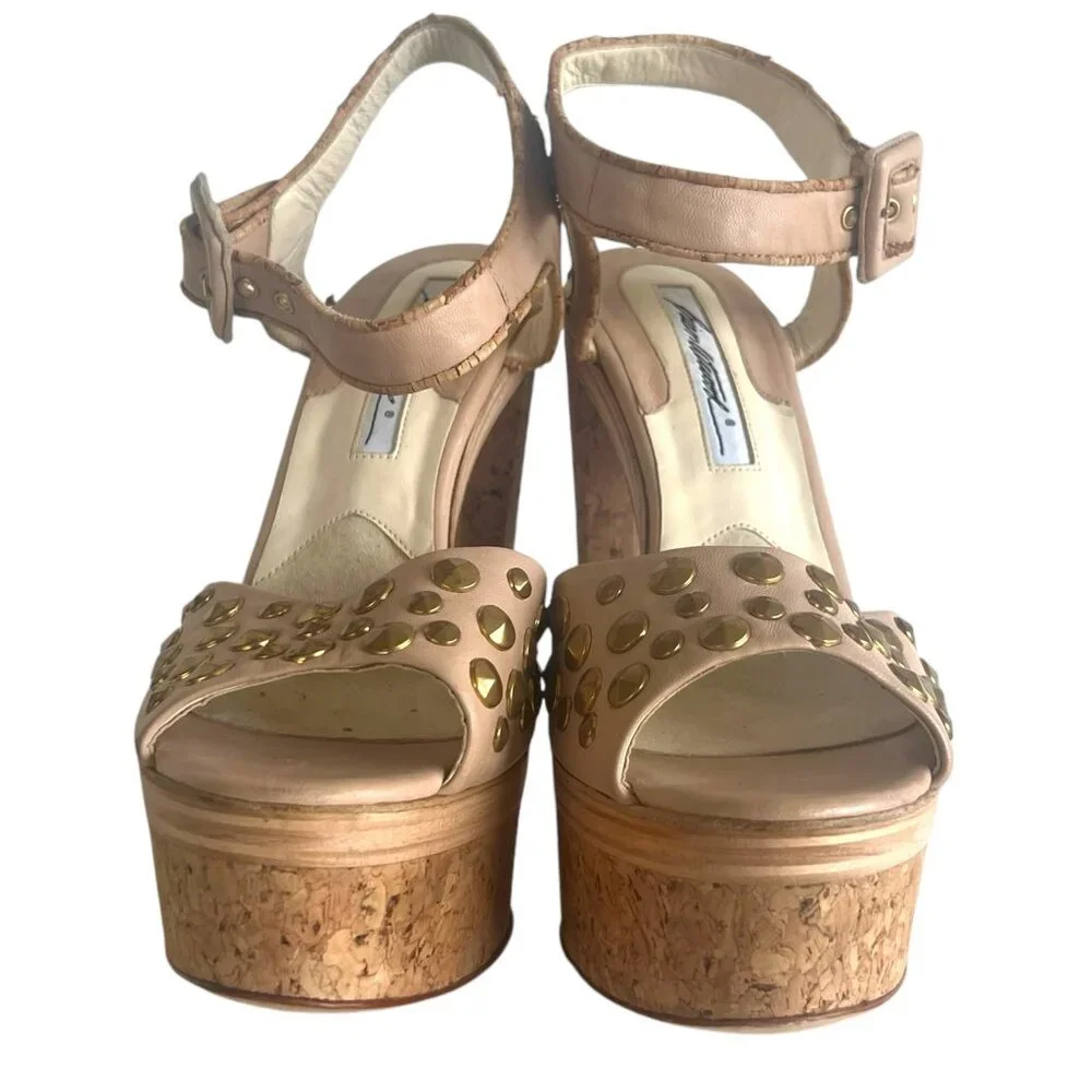 BRIAN ATWOOD Cork Platform Heeled Sandals 37 7 Chunky Heel Studded Beige Neutral